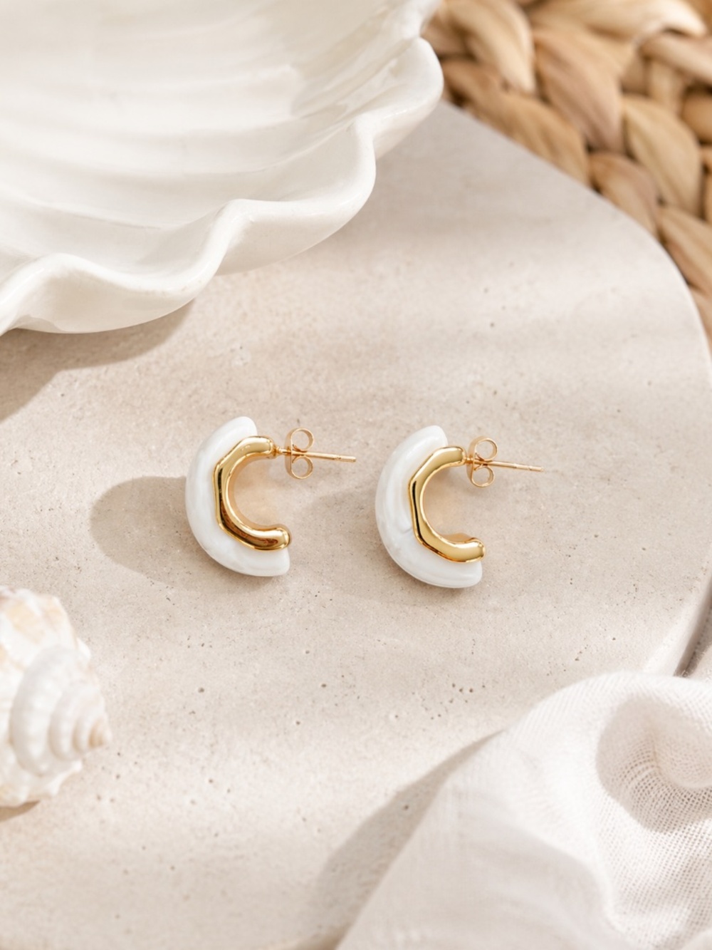 White Resin Hoop Earrings, Chunky Gold Plated Studs, Elegant Summer Gift For Her